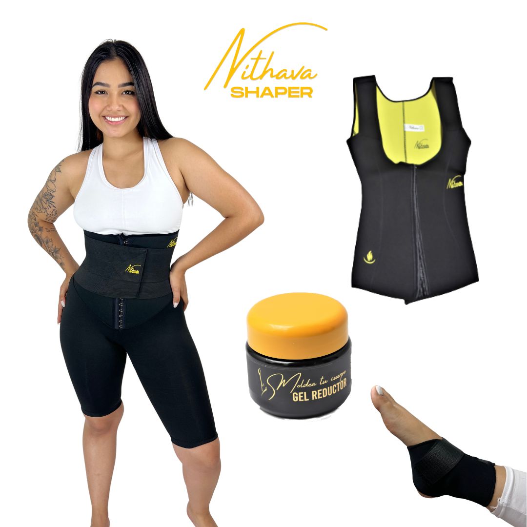 KIT LEGGINS CORTO - Chaleco broches, Leggins corto, cinturon moldeador, Gel frio, tobillera