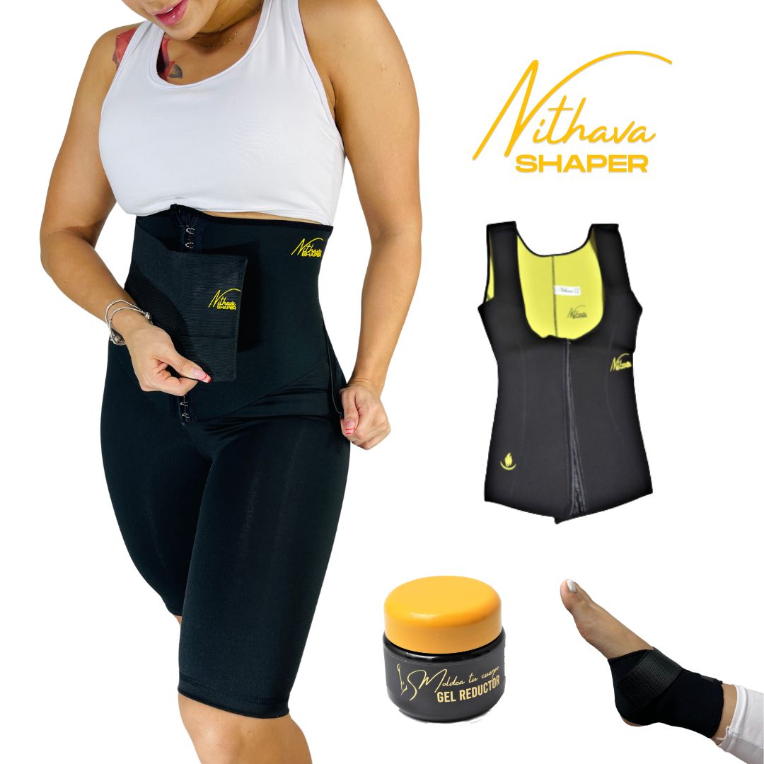KIT LEGGINS CORTO - Chaleco broches, Leggins corto, cinturon moldeador, Gel frio, tobillera