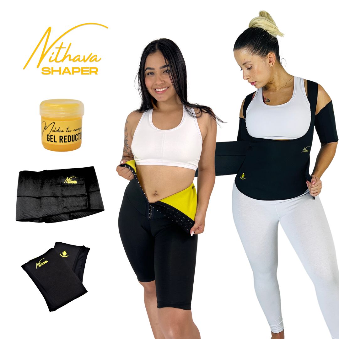 KIT LEGGINS CORTO CHALECO LISO - Chaleco liso, leggins corto, cinturon moldeador, gel, mangas reductoras